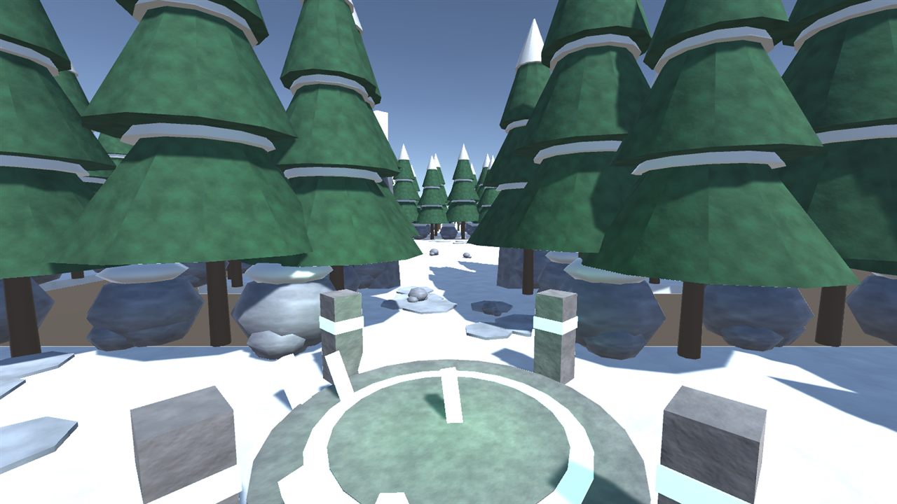 Snowy forest arena with snowmen
