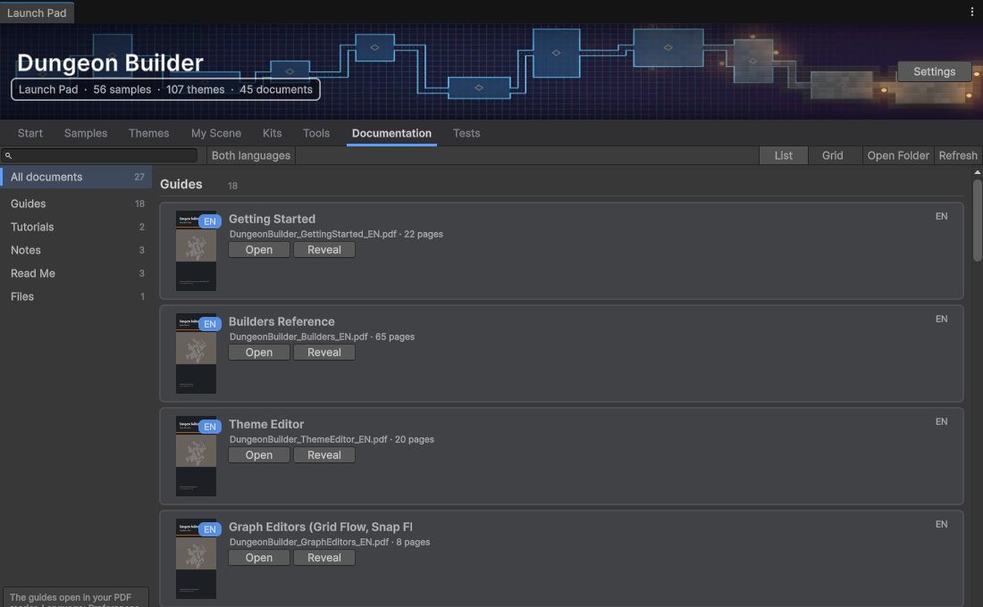 The Launch Pad window listing samples, themes and documentation